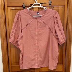 Old Navy Pink Puff‑Sleeve Lace‑Trim Clip‑Dot Blouse Plus 4X NWT Cotton Poplin